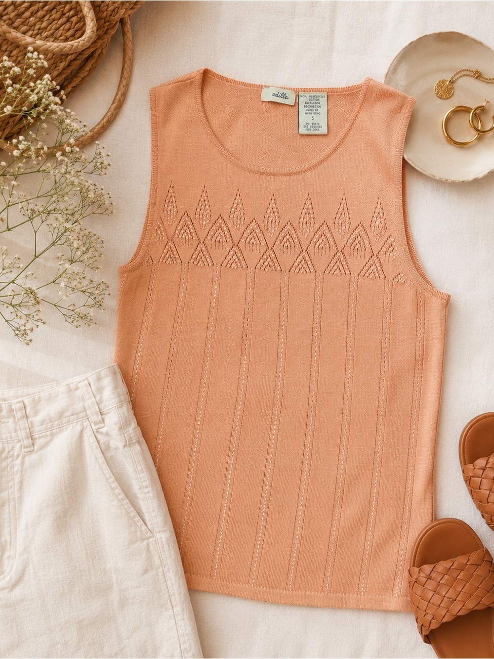 Vintage Odille Beaded Pointelle Knit Tank Top Peach Mercerized Cotton Small
